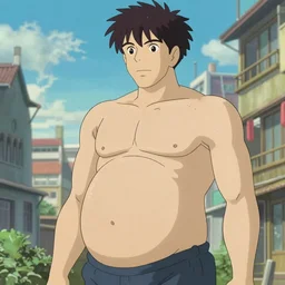 Handsome anime man with big pregnant belly, city in the background, highly detailed, anime by Studio Ghibli, sharp