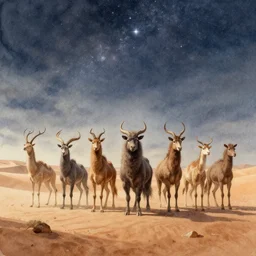 fantasy animals standing in the desert with sky with stars in watercolor, cinematic, highly detailed wide, atmospheric lighting, muted colors