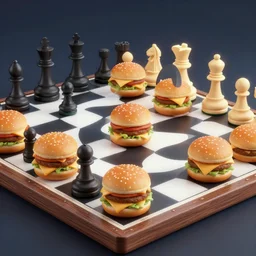 chess board played with cheeseburgers