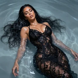 epic full shot still of kim kardashian unconscious wearing a black lace dress in a transparent alien liquid, wet flowing hair, gooey skin, illustration, unreal engine 5, 8 k, made by h. r. giger.