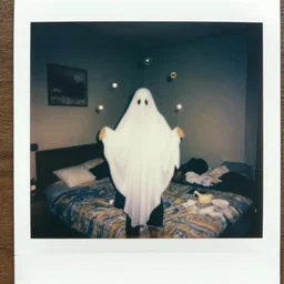 polaroid coloured 1 9 9 8 photo of the ghost spirit with small orbs in bedroom