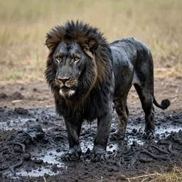 a shiny black gooey covered lion emerging from gooey sticky tar pits, strands of tar sticking to the lion. wildlife photography, photo, dslr, safari, full body, goo