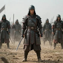 cinematic still of a warrior on a battlefield standing defiantly against an approaching army by greg rutowski, sun rays, 4 k, masterpiece