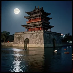 kodak portra 4 0 0 photographic and realistic, ancien chinese tower, temple, night, moonlight, detailed, octane render, unreal engine, 4 k, hyper realistic, wide angle, floor flooded, how a river, objects that float, 3 5 mm, sharp focus, soft light, volumetric light, in the style of gregory crewdson