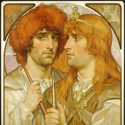 arthur pendragon and merlin. focus on their faces. highly detailed painting by gaston bussiere, j. c. leyendecker, alphonse mucha, greg rutkowski, 8 k
