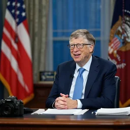 president bill gates gives an emergency oval office address, sitting at the resolute desk, circa 2 0 2 2, professional photo, dslr, bokeh
