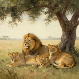 lion and cubs resting under a tree in the morning, beautiful painting, aaron blaise, greg rutkowski, james gurney, artstation