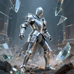 armored knight, made of crystal, broken mirrors, holographic light, cinematic lighting, battle scene, 8 k, vray render, dirty, defeat,