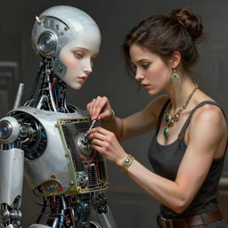 a robot girl opening her back paneling to let her heatsinks flush out while a determined and toned mechanic girl does basich maintenance repairs on the robot girls key components, beautiful detailed eyes, fantasy, intricate, elegant, highly detailed, digital painting, 4 k, hdr, concept art, detailed jewelry, smooth, sharp focus, illustration, art by artgerm, h r giger and alphonse mucha