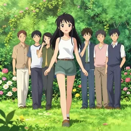 a cute young anime woman walking in a lush park flowers ivy foliage, wlop, ilya kuvshinov, artgerm, krenz cushart, greg rutkowski, hiroaki samura, range murata, james jean, katsuhiro otomo, erik jones, anime poster, cel shaded