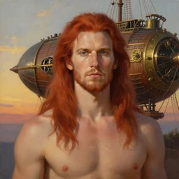 portrait painting of a handsome face rugged long hair crimson hair male captain minimalist clothing top half portrait soft hair steampunk wood brass ornate mechanical zeppelin airship in the background sky sunset golden hour fantasy rugged book cover art atmospheric lighting art by mullins rutkowski bussiere