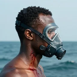 a portrait of a black man :: side profile blood :: background sea :: intricate details :: futuristic oxygen mask :: 8k :: simon stalenhag and Sandra Chevrier