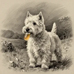 pencil sketch of a monastic westie drinking mead