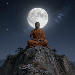 render of a monk on top of a mountain, in the style of alex gray, full moon, galaxy, milky way, buddhism, 8 k, intricate details, elegant, cinematic