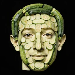 zuckerberg's face composed of many small zucchinis in a mosaic pattern on black background