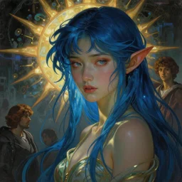 stunning, breathtaking, awe-inspiring award-winning concept art nouveau painting of attractive Asian nymph with blue hair and pointy elven ears, as the goddess of the sun, with anxious, piercing eyes, by Alphonse Mucha, Michael Whelan, William Adolphe Bouguereau, John Williams Waterhouse, and Donato Giancola, cyberpunk, extremely moody lighting, glowing light and shadow, atmospheric, cinematic, 8K