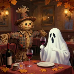 a scarecrow and a ghost are drinking red wine in a fancy restaurant. folk horror art style. autumnal colours. highly detailed