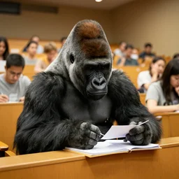 gorilla taking an exam in an auditorium full of people