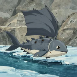 cell shaded cartoon of a giant mechanized grey sailfish from howl's moving castle ( 2 0 0 4 ), in an icy river, full body, wide shot, very muted colors, post grunge, studio ghibli, highly detailed, deviantart, art by artgem