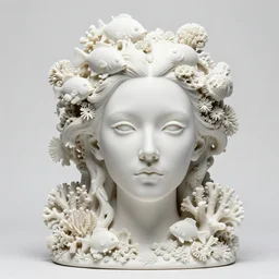 full head and shoulders, bjork porcelain sculpture, smooth, delicate facial features, white eyes, white lashes, detailed white, lots of white coral sea elements, fish, sea anemones, all white features on a white background, by daniel arsham and james jean