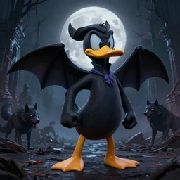 a detailed 3 d render of darkwing duck dressed as the hunter from bloodborne, let's get dangerous, in the style animation of darkwing duck, digital art, dark fantasy, concept art, soulslike, by alphonse mucha, blood moon eclipse, wherewolves in a ruined building in the background, artstation, 8 k, unreal engine render