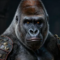 portrait of a gorilla warrior in armor, extreme fine detail background, night, highly detailed, detailed eyes, high quality, digital painting, hyperrealistic, by gaston bussiere, j. c. leyendecker, craig mullins