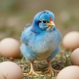 a blue chicken hatching from an egg