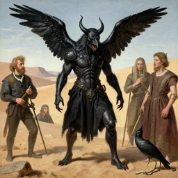 Exterior Desert Oasis wrathful physique demonic crow wearing a man costume Jan Van eyck greg rutkowski ilya repin christophe young bastien lecouffe-deharme ismail inceoglu odd nerdrum dragan bibin john steuart curry