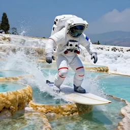 a beautiful digital painting of an astronaut in a white and royal blue luxurious space suit surfing a tsunami  on a chic surfboard at Pamukkale, thermal waters flowing down gold travertine terraces by greg rutkowski, award winning photo, trending on artstation, highly detailed, unreal engine, octane render