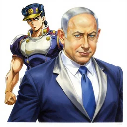 hirohiko araki artwork, insanely detailed painting of benjamin netanyahu as a jojo character with a stand behind, striking a provocative stylish pose, pointing finger, outlines, vibrant colors, rich colors, elegant background patterns, by hirohiko araki