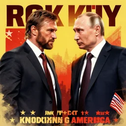 putin as ivan drago in rocky iv knocking out america, soviet propaganda poster art