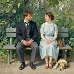 a man and a woman sitting on a bench surrounded by plants, a dog sleeping by their feet, french painting style ,