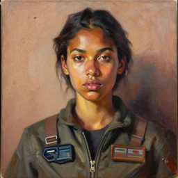 portrait in daring femininity, ethnic, determined realistic face, flight suit w gear, warm glow, bathed in light, chiaroscuro, specular highlights, angular impressionism, radiosity, terrazzo, earthy tones, modern fashion, contemporary art, oil on canvas