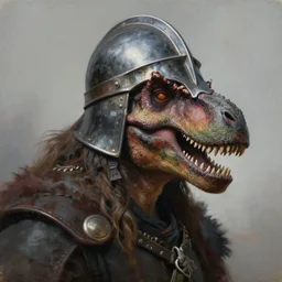 portrait painting of berserker with a dinosaur head helmet, by jeremy mann, only one head single portrait