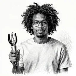 cross hatching art of a black man with long curly hair, wearing glasses, holding a electric guitar. profile picture by Albrecht Durer, asymmetrical, Organic Painting, Matte Painting, in the style of Albrecht Durer