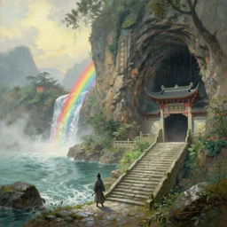 a gorgeous landscape painting by barlowe wayne, maxfield parrish and marco mazzoni. chinese temple. just one rainbow, rainy mood!! sunny morning. a lonely chinese wuxia walks on the winding stone steps, stone gate to the dark cave, 3 d, octane render, turbulent lake, waterfall, fog, 8 k.