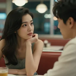 movie interior closeup beautiful Japanese model lesbian couple closeup sitting and talking at 50s diner, night in the city, beautiful skin, by Emmanuel Lubezki