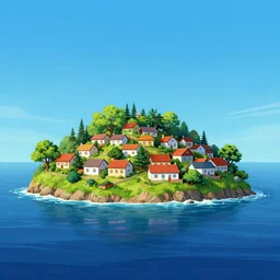 ultra realistic illustration, village on lone island in the ocean, rich contrast of colors, perfect award winning composition, buildings in the style of clash of clans, league of legends artwork