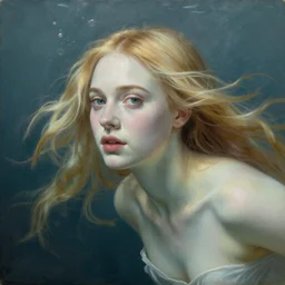 Painting of Elle Fanning underwater, long blonde hair, delicate, pale milky white porcelain skin, by Bosch. 8K. Extremely detailed.