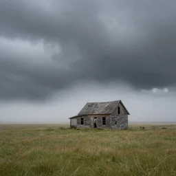 a wide angle landscape by rockwell, boarded up farm house! clear distinct misty ominous, storm clouds