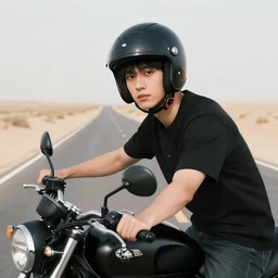 portrait photo of young man posing with a black modular helmet and a motorcycle on a desert road, wearing a black modular helmet, silhouette of mountains in background, sunset, golden hour, cinematic, smooth light, octane, highly detailed masterpiece by morten krogvold