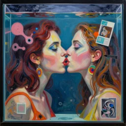 beautiful painting of two bizarre psychedelic women kissing each other closeup in an aquarium in spain, speculative evolution, mixed media collage by basquiat and alex grey, magazine collage art, sapphic art, lesbian art