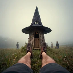 witch hut on big human's legs, greg rutkowski, zabrocki, karlkka, jayison devadas, trending on artstation, 8 k, ultra wide angle, zenith view, pincushion lens effect