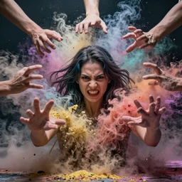 humans , feedback loop , burst of powders ,volumetric lighting, twisting vapour, bellowing dust , emerging hands and beautiful angry so woman’s face , full colour , upscale , 4k