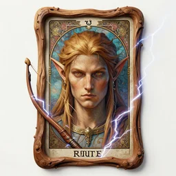 character concept portrait, head-on centralized, elf archer. Thick wood tarot. Frame. Detailed, high quality, dynamic lightning, fantasy. . Artwork by artgerm, WLOP, alex ross, Mucha