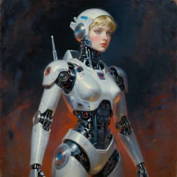 portrait of a retro - futuristic female robot, by jacques - louis david, by greg rutkowski, by zdzisław beksinski, by josep tapiro baro, trending on artstation, featured on pixiv, masterpiece, oil on canvas, cinematic composition, dynamic beautiful lighting,