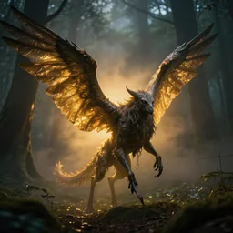 wounded mysterious fantasy winged creature, 4 k, photorealistic, golden light, volumetric, foggy, forest, midnight