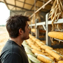 dark haired man looking at a corn processing facility