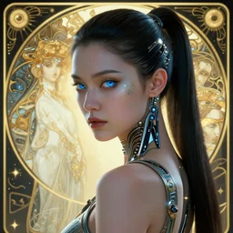 cyberpunk full shot, looking behind her shoulder, very detailed, cgsociety, artstation, female, clean, symmetry, blue eyes, nice clothing, intricate, impossible beauty, golden ratio, eye implant bionic, ponytail, staring in the void, art by krenz cushart and artem demura and alphonse mucha