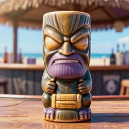 a closeup photorealistic photograph of a thanos style tiki mug sitting on a trader vic's beach bar featuring the face of thanos. tiki party. bright scene. fine detail. this 4 k hd image is trending on artstation, featured on behance, well - rendered, extra crisp, features intricate detail, epic composition and the style of unreal engine.